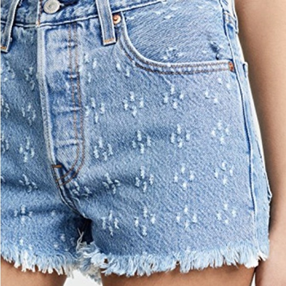 Levis 501 Button Fly High Rise Distressed Frayed Dottie Blues Denim Shorts 29 - Picture 11 of 16